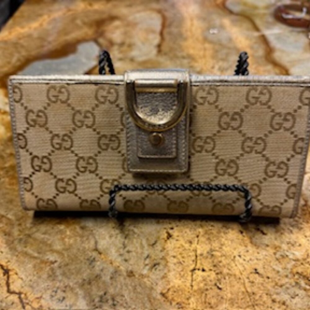 Gucci Metallic Beige and Gold Continental D-Ring GG Canvas